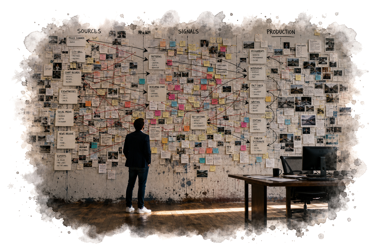 Pessoa diante de um mural de fontes, sinais e produção, na fronteira entre tecnologia, comunicação e cultura